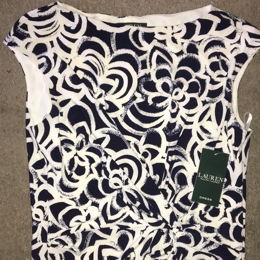 NWT Lauren Ralph Lauren Navy & White Scoop Neck Geometric Print Dress - Picture 6 of 7